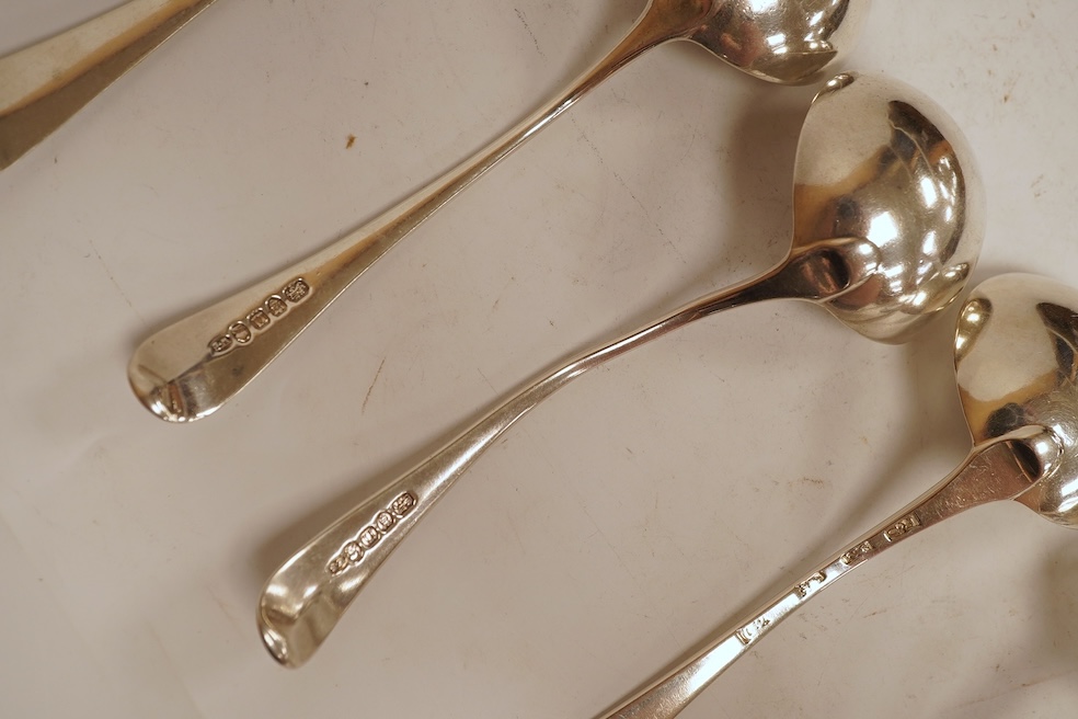 Two pairs of George III silver Old English pattern sauce ladles, Robert Sallam, London, circa 1770, 16.6cm and William Sumner I, London, 1788, together with a George III silver sifter spoon, by Eley & Fearn, London, 1796